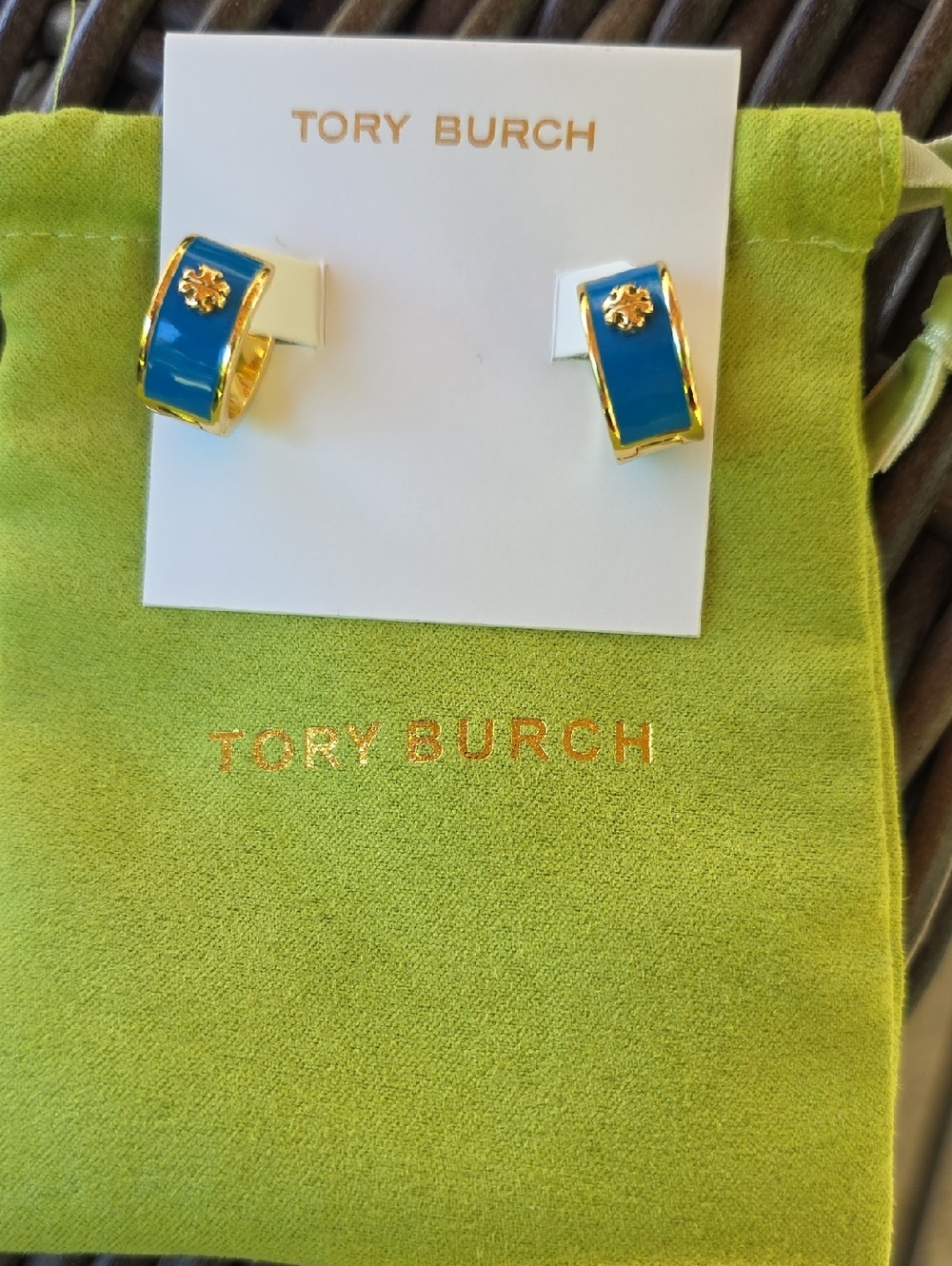 Tory Burch Gold-Tone Huggies with Teal Enamel Inlay